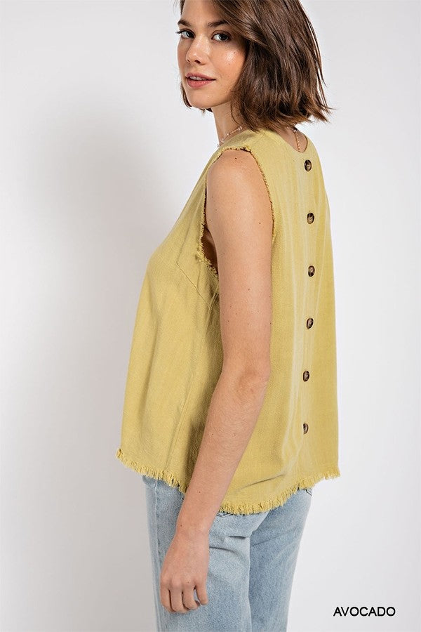 Sleeveless back button closure frayed top