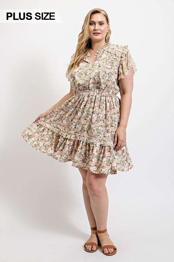 Floral Printed Ruffle Detail Dress With Elastic Waist