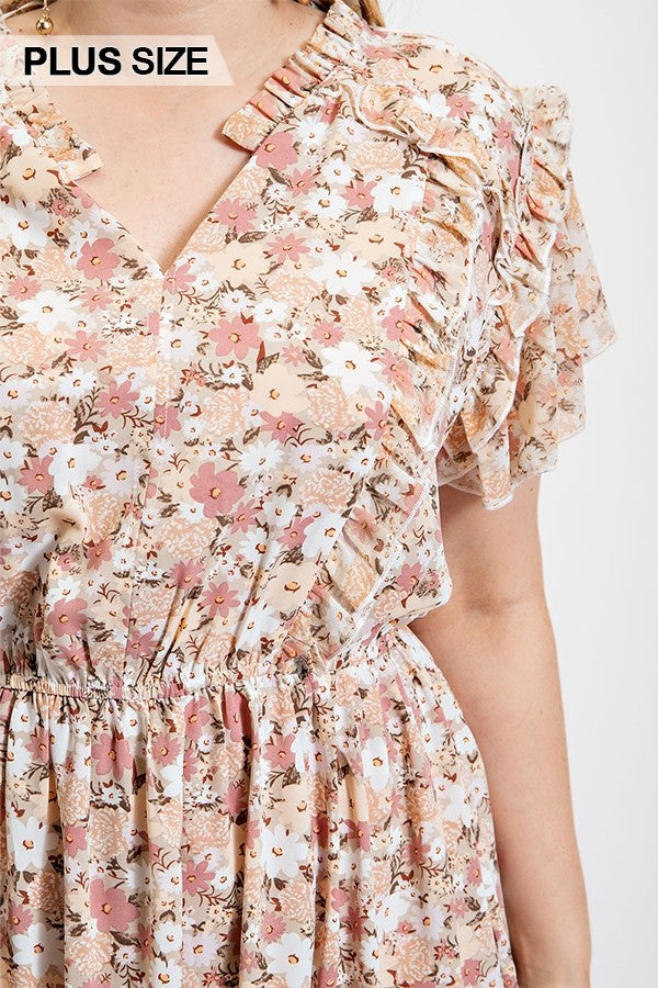 Floral Printed Ruffle Detail Dress With Elastic Waist